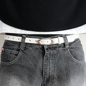 y2k oval buckle white leather belt — 2000s minimal style